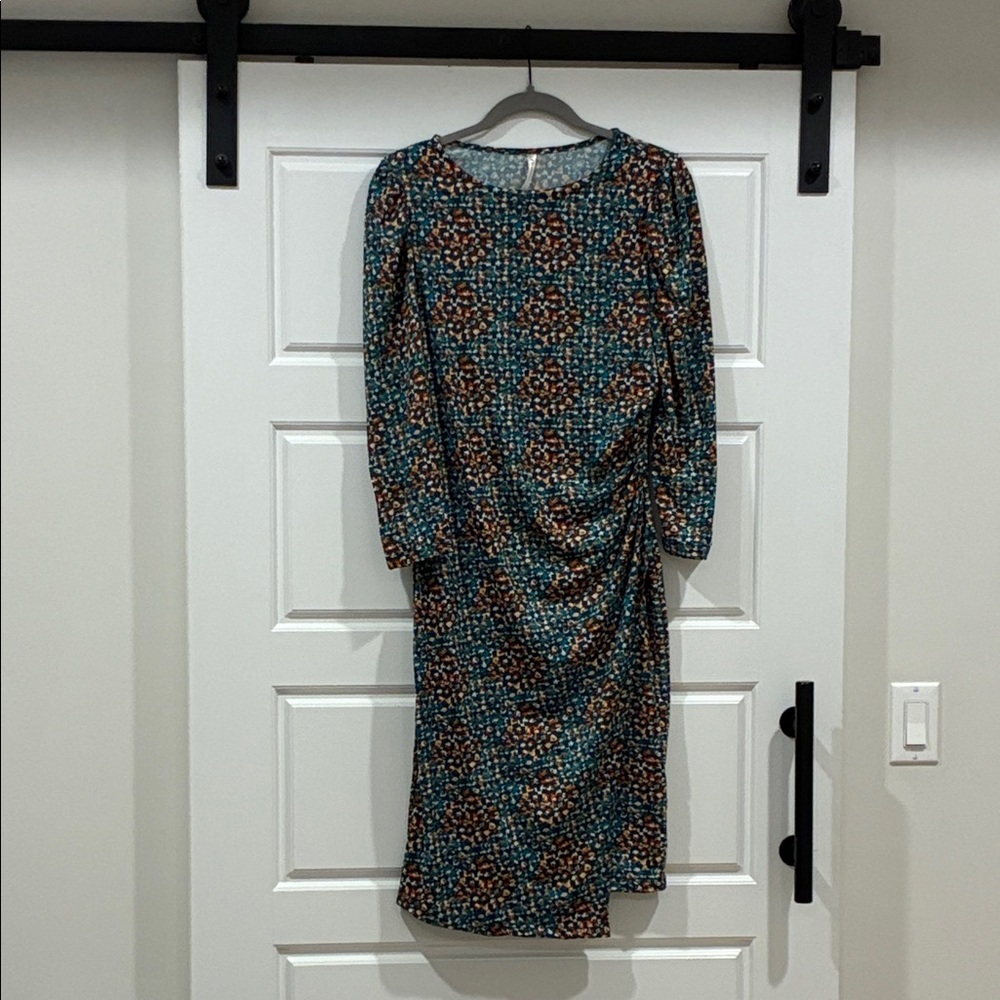 New Renee C. Print Asymmetric Teal and Orange Long Sleeve Dress